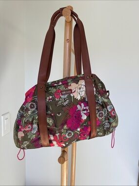 Sakroots Olive Floral Tote with Brown Straps and Pink Accents Used